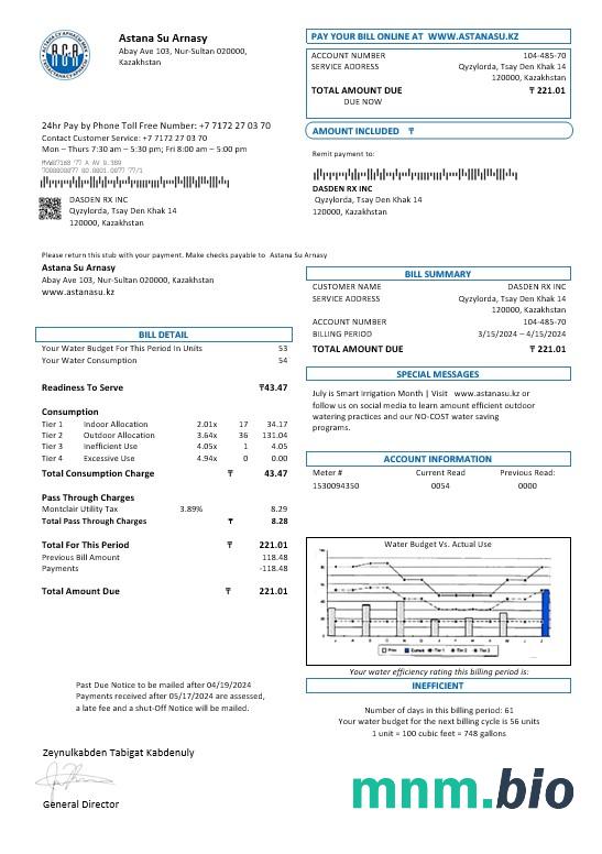 Kazachstan Astana Su Arnasy rachunek za usługi komunalne szablon w formacie Word i PDF (.doc i .pdf)